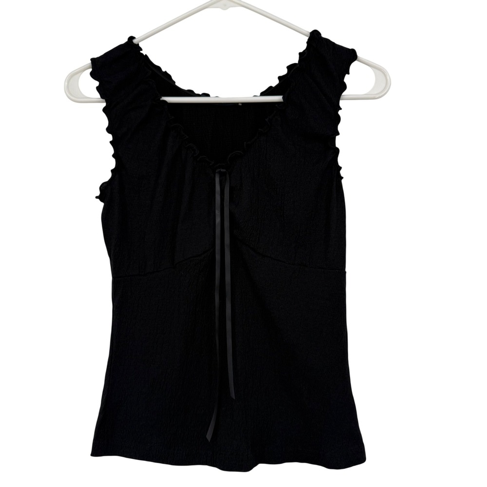 Brandy Melville Black Crinkle Ruffle‎ Tank Top Ribbon Tie OS Whimsigoth Romantic